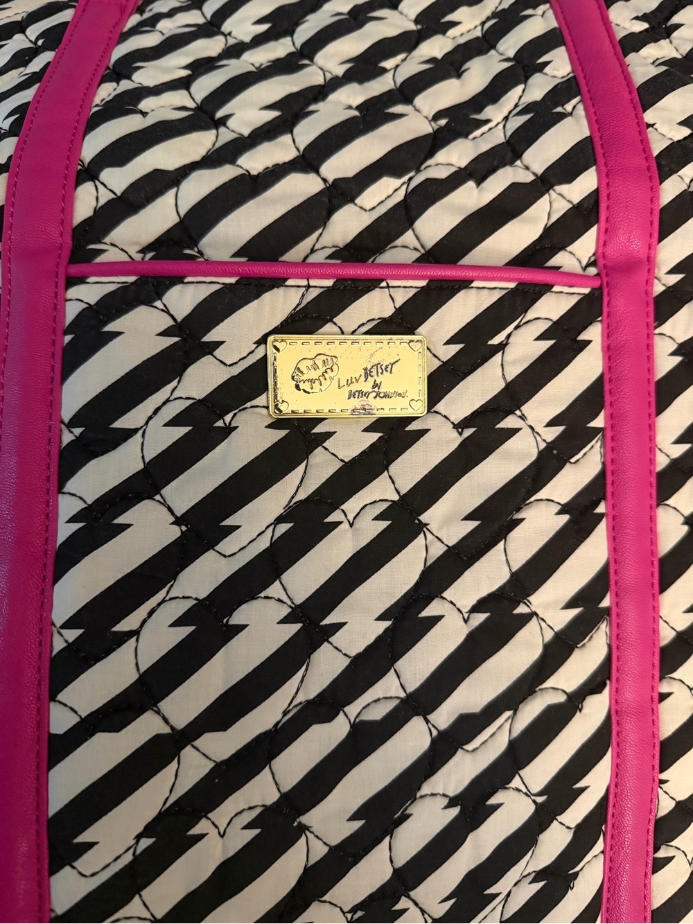 LUV Betsey by Betsey Johnson quilted chevron stripe tote bag with pink accents - Picture 3 of 8
